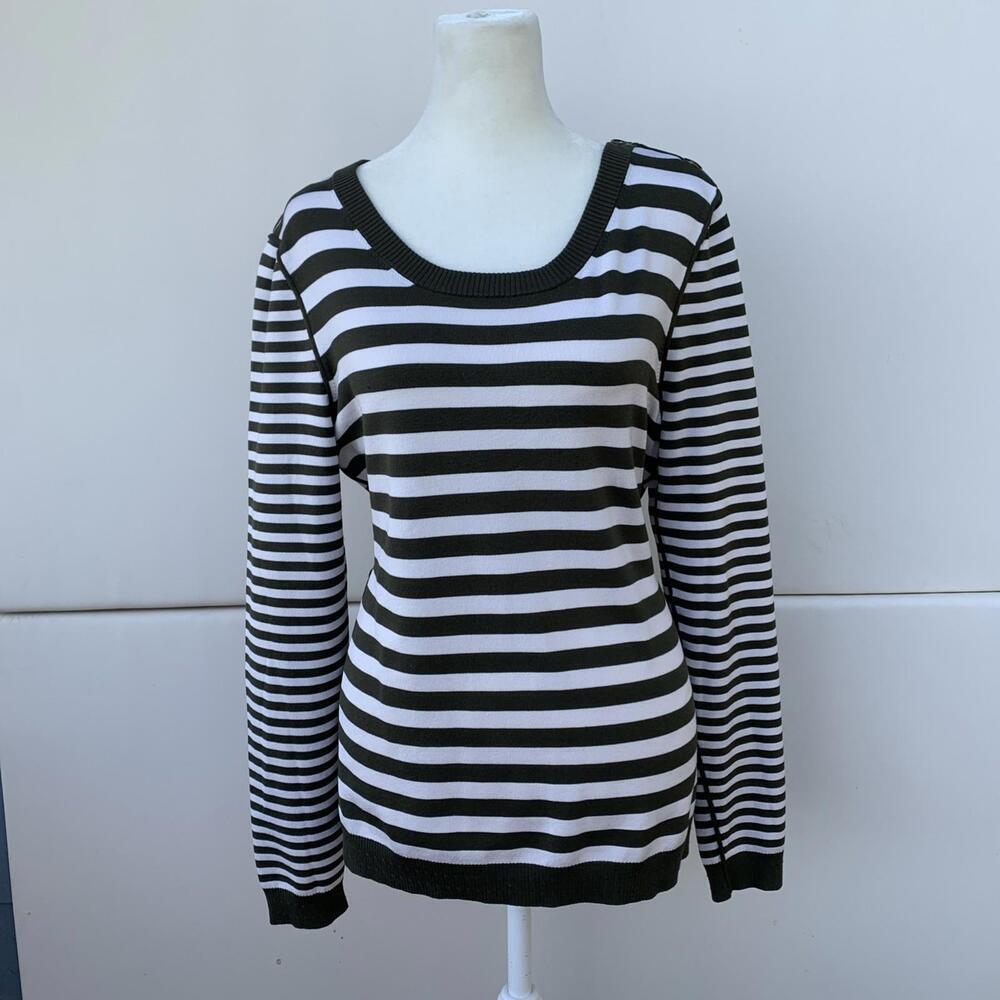 WORTH Womens Blouse Top Shirt cotton Silk White Brown Long Sleeve Stripe Sz M